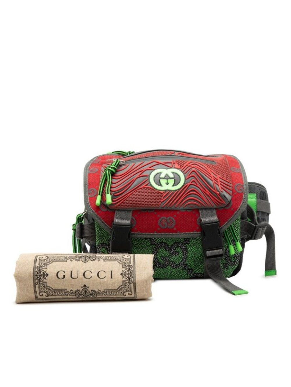 Gucci GG Nylon Small Backpack Belt Bag Red Green Gray Leather Rubber - Picture 8 of 8